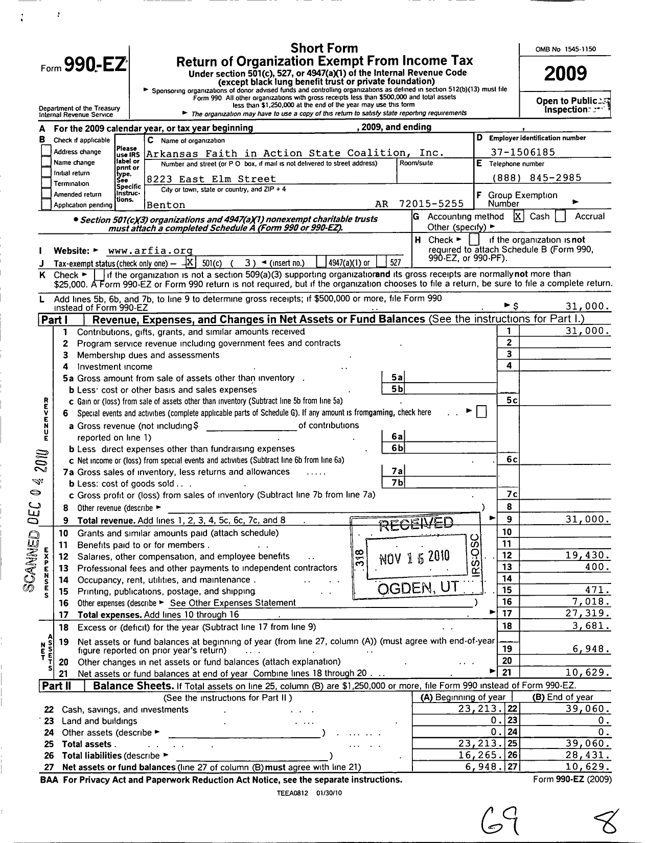 Image of first page of 2009 Form 990EZ for Arkansas Faith in Action State Coalition