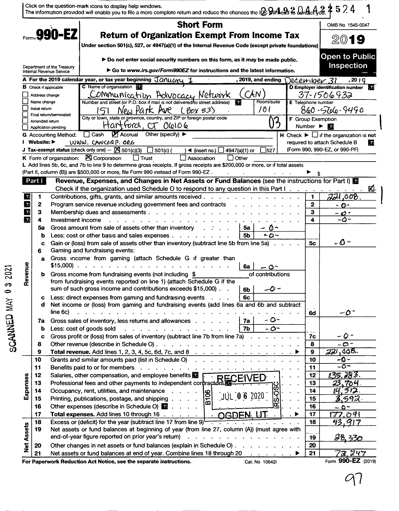 Image of first page of 2019 Form 990EZ for Communication Advocacy Network Corporation (CAN)