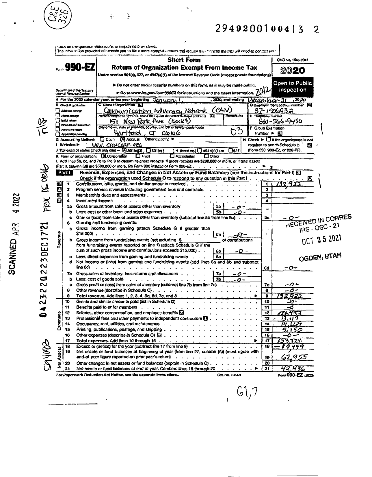 Image of first page of 2020 Form 990EZ for Communication Advocacy Network Corporation (CAN)