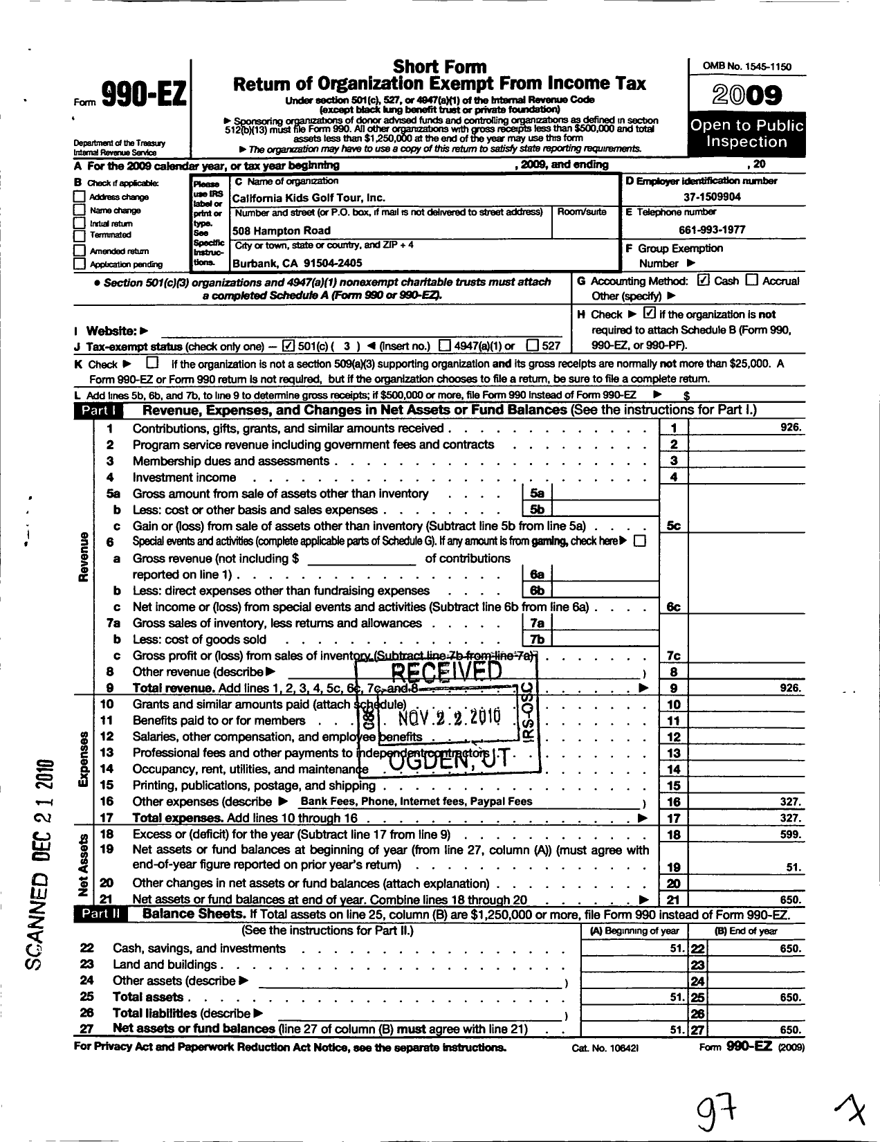 Image of first page of 2009 Form 990EZ for California Kids Golf Tour