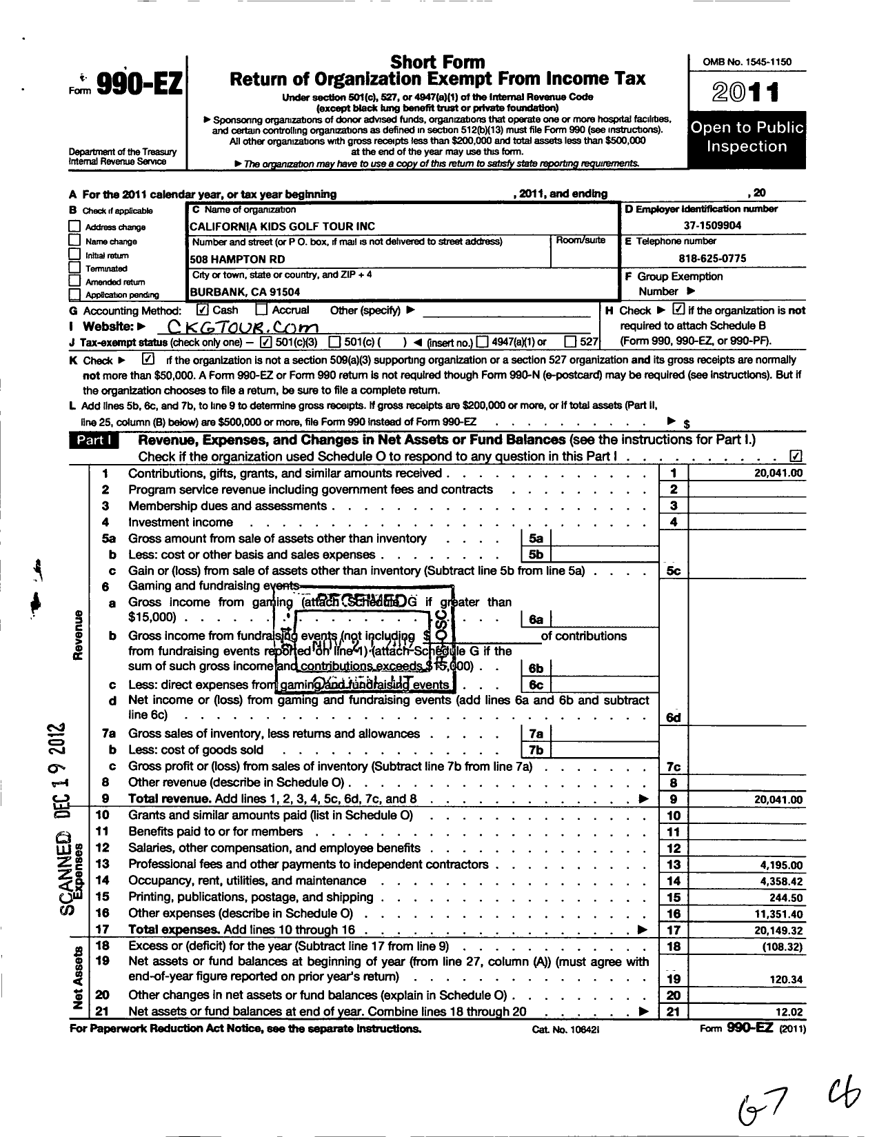 Image of first page of 2011 Form 990EZ for California Kids Golf Tour