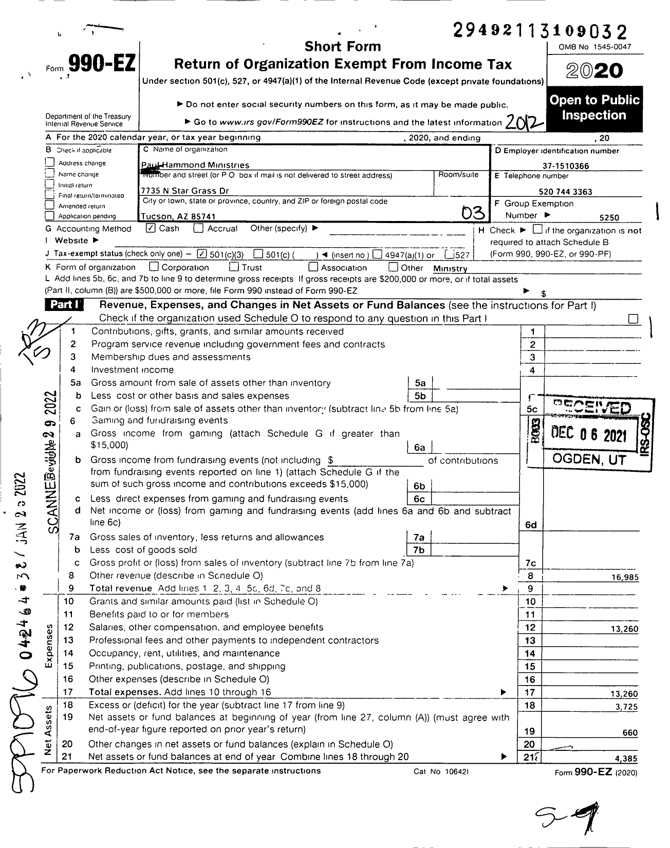 Image of first page of 2020 Form 990EZ for Paul Hammond Ministries