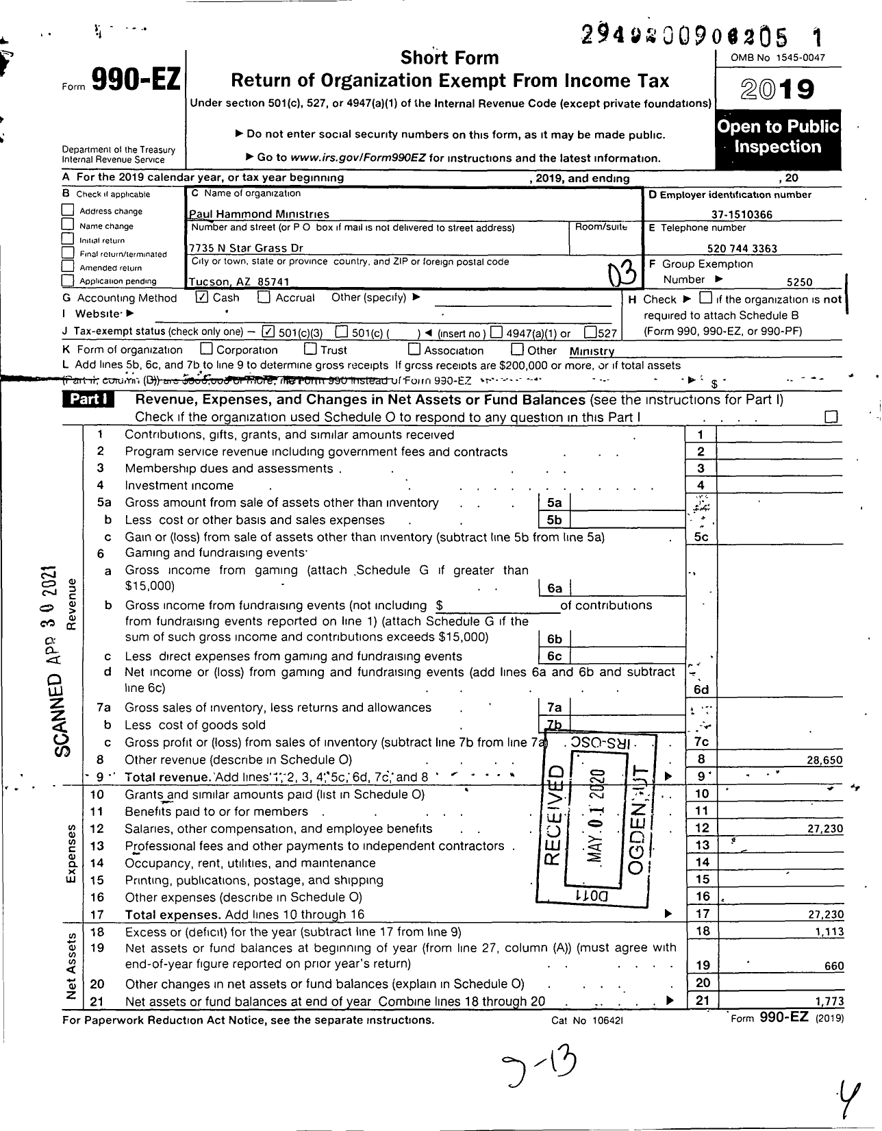 Image of first page of 2019 Form 990EZ for Paul Hammond Ministries