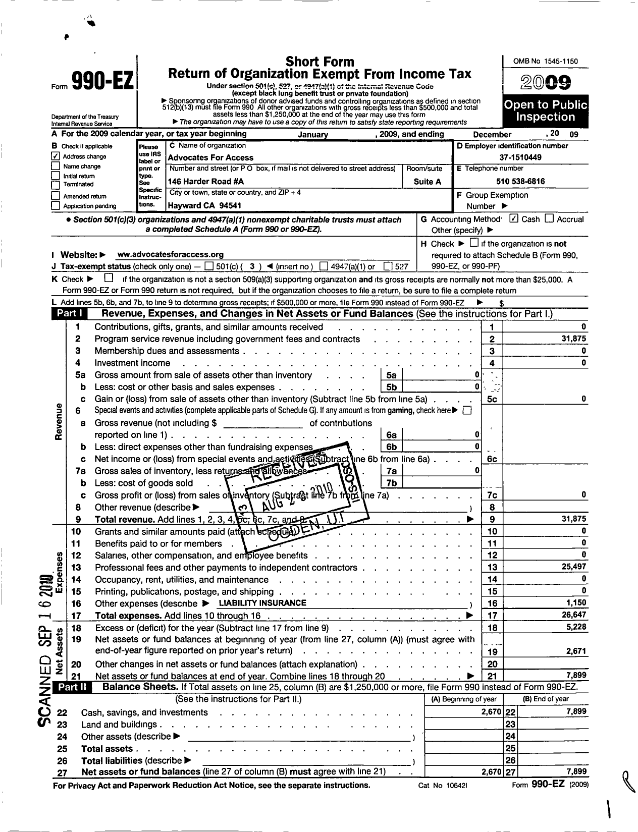 Image of first page of 2009 Form 990EZ for Advocate for Access