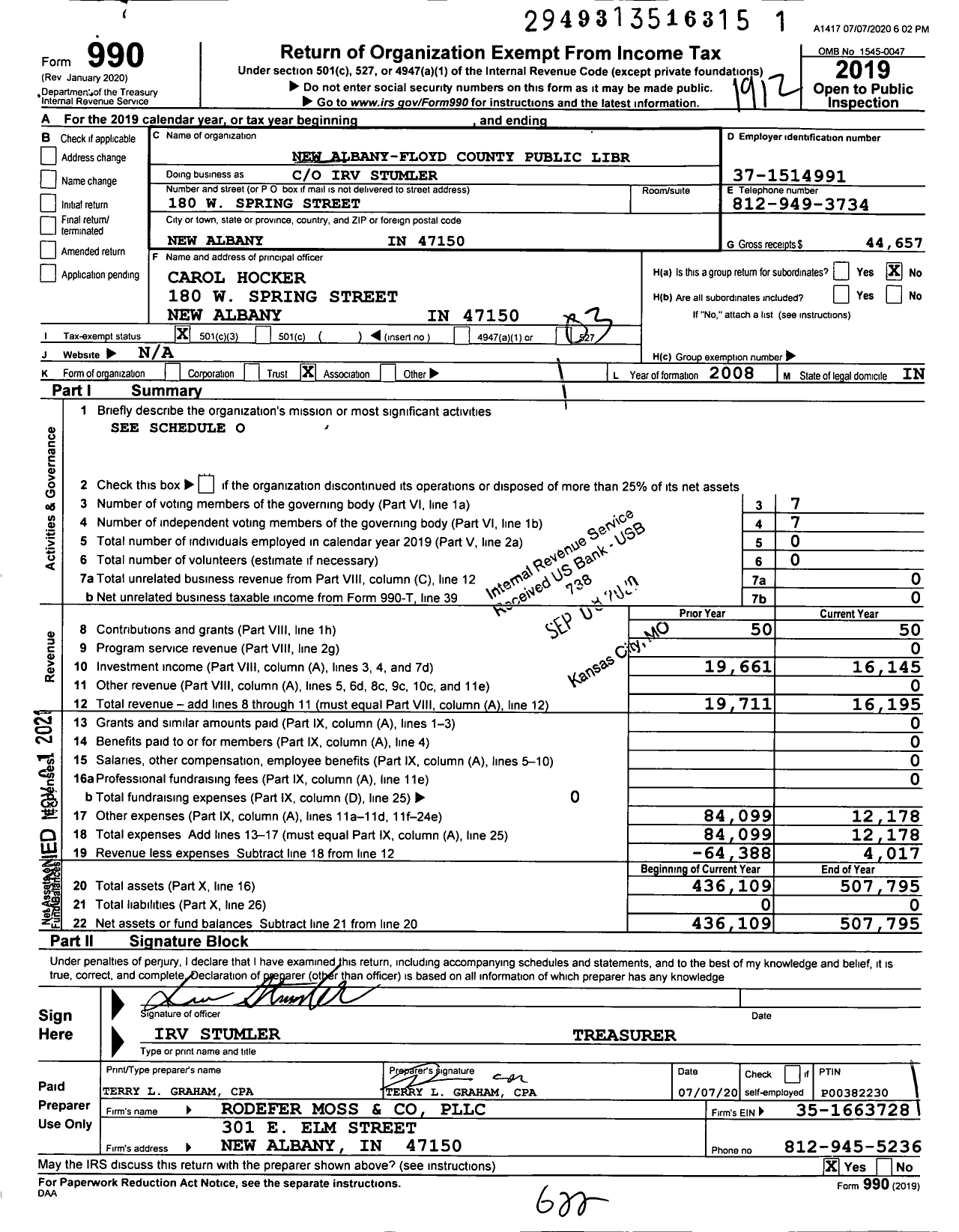 Image of first page of 2019 Form 990 for New Albany-Floyd County Public Library F