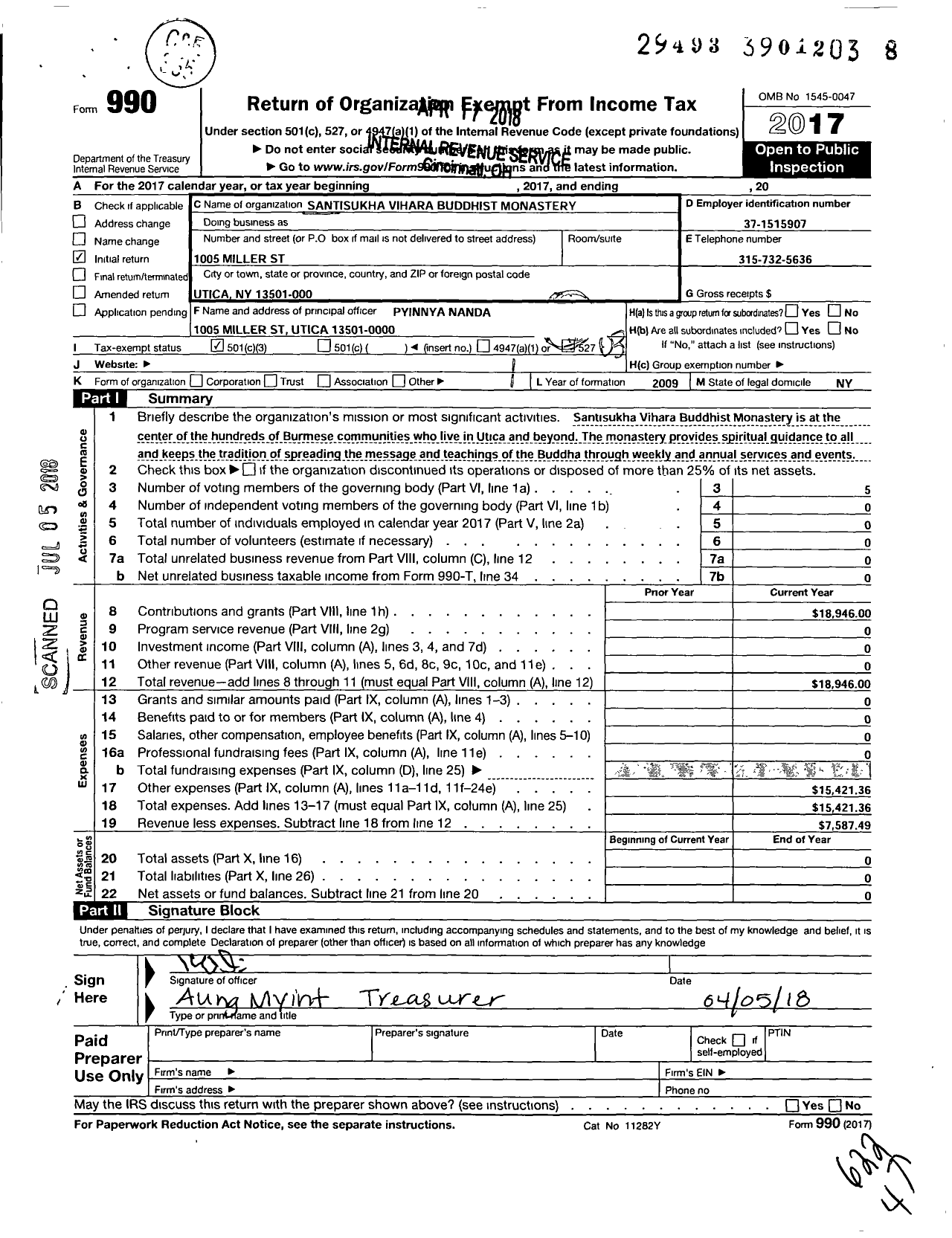 Image of first page of 2017 Form 990 for Santisukha Vihara Buddhist Monastery