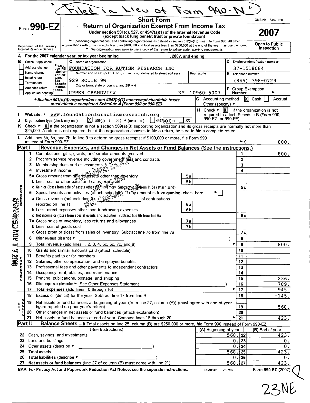 Image of first page of 2007 Form 990EZ for Foundation for Autism Research