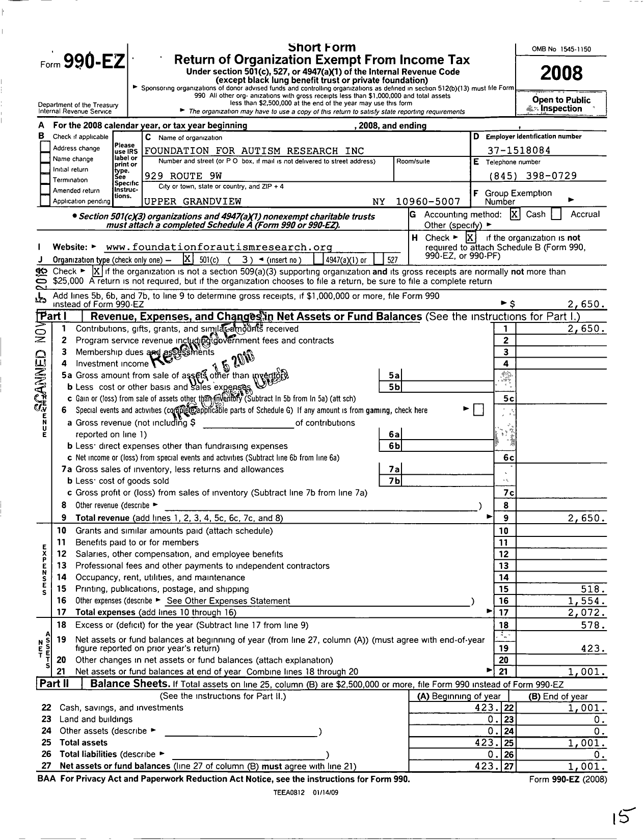 Image of first page of 2008 Form 990EZ for Foundation for Autism Research