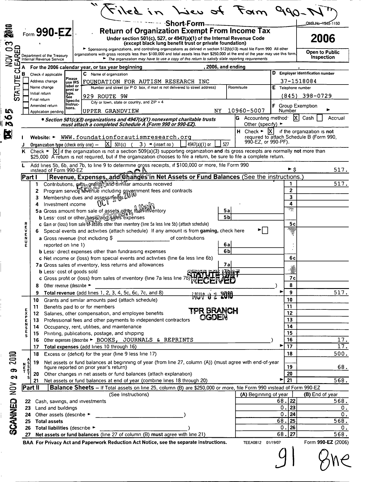 Image of first page of 2006 Form 990EZ for Foundation for Autism Research