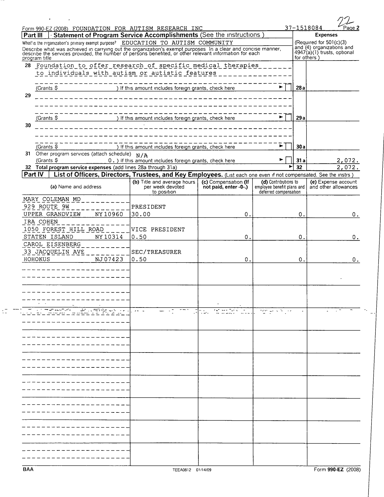 Image of first page of 2008 Form 990ER for Foundation for Autism Research