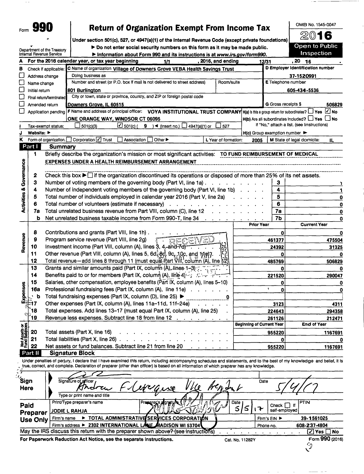 Image of first page of 2016 Form 990O for Village of Downers Grove Veba Health Savings Trust