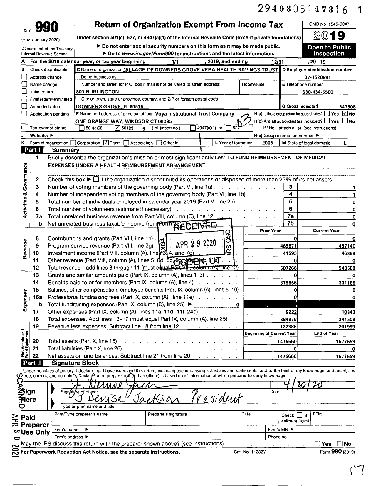 Image of first page of 2019 Form 990 for Village of Downers Grove Veba Health Savings Trust