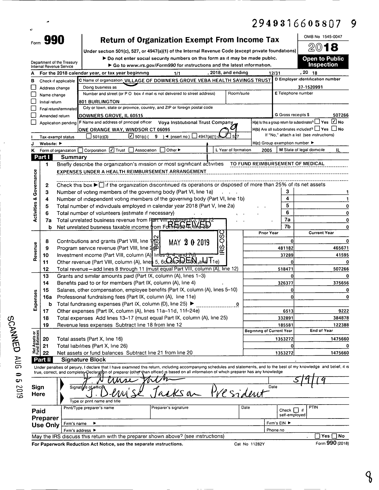 Image of first page of 2018 Form 990O for Village of Downers Grove Veba Health Savings Trust