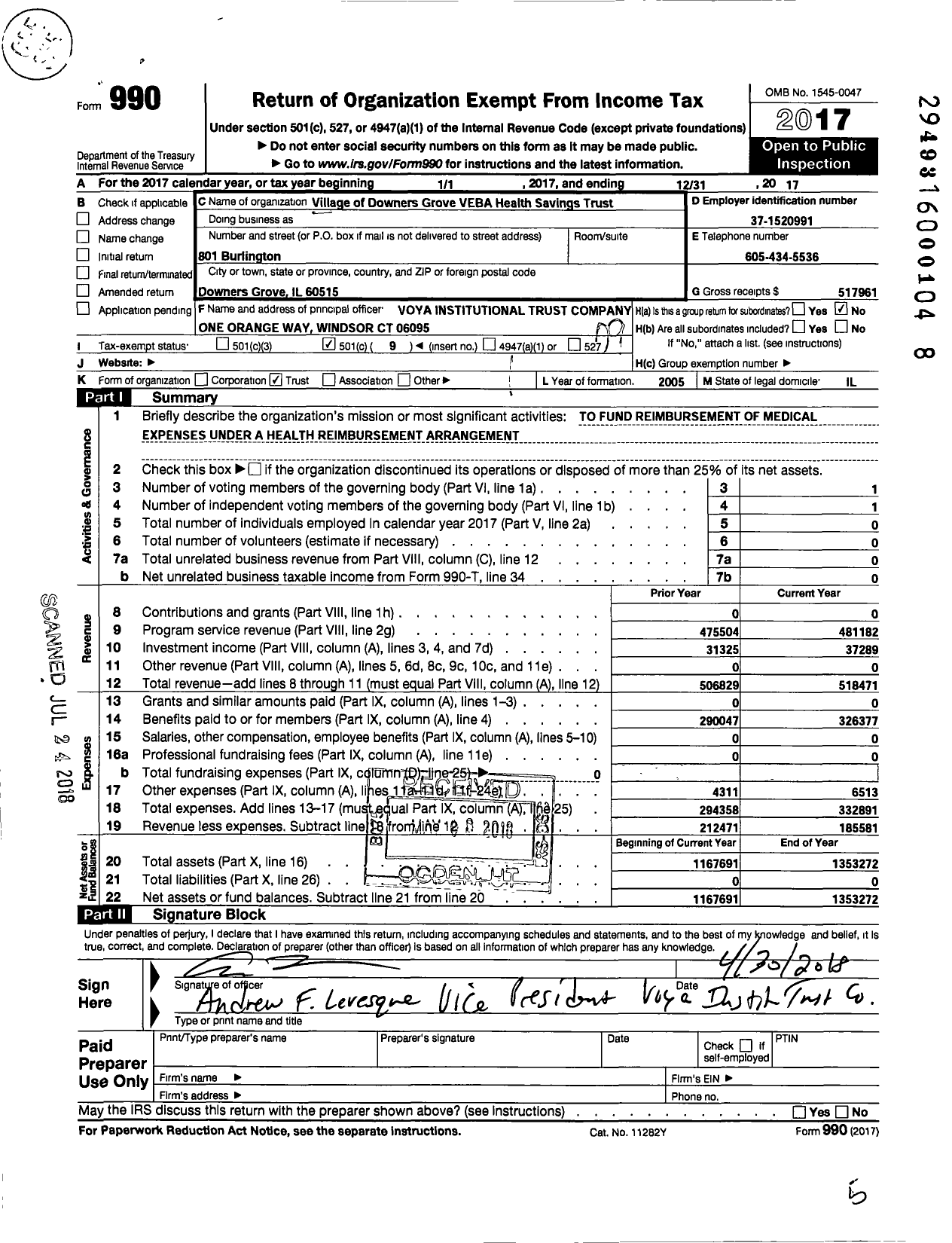 Image of first page of 2017 Form 990O for Village of Downers Grove Veba Health Savings Trust