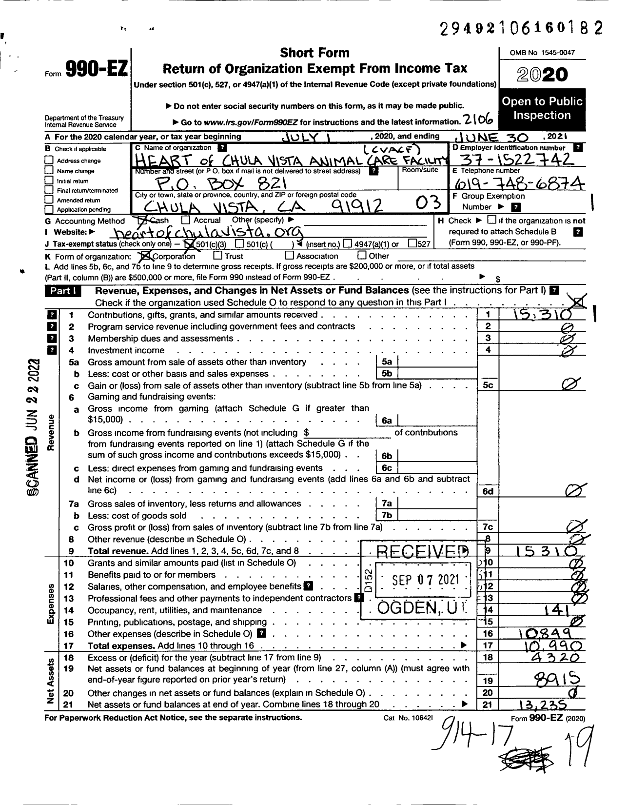 Image of first page of 2020 Form 990EZ for H E A R T of Chula Vista Animal Care Facility