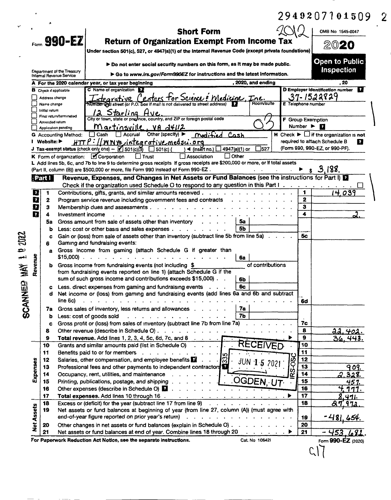 Image of first page of 2020 Form 990EZ for Integrative Centers for Science and Medicine