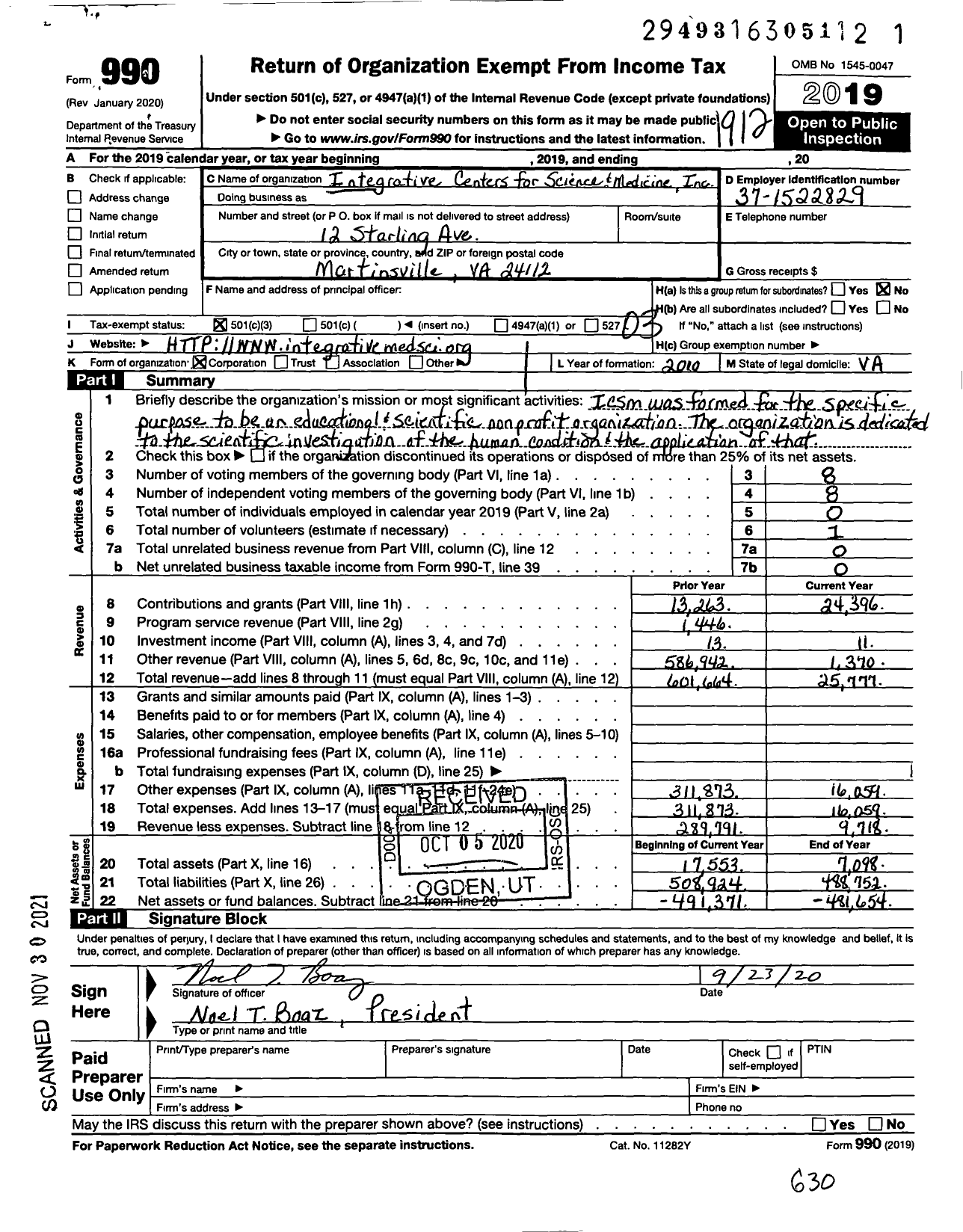 Image of first page of 2019 Form 990 for Integrative Centers for Science and Medicine