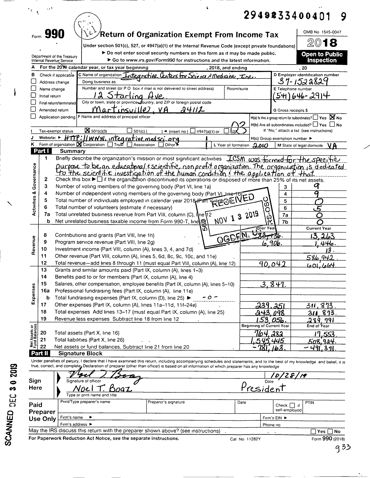 Image of first page of 2018 Form 990 for Integrative Centers for Science and Medicine