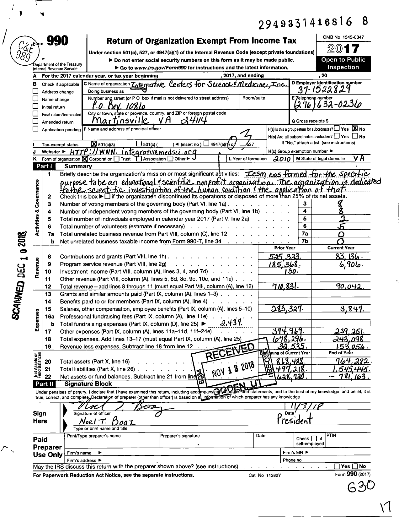 Image of first page of 2017 Form 990 for Integrative Centers for Science and Medicine