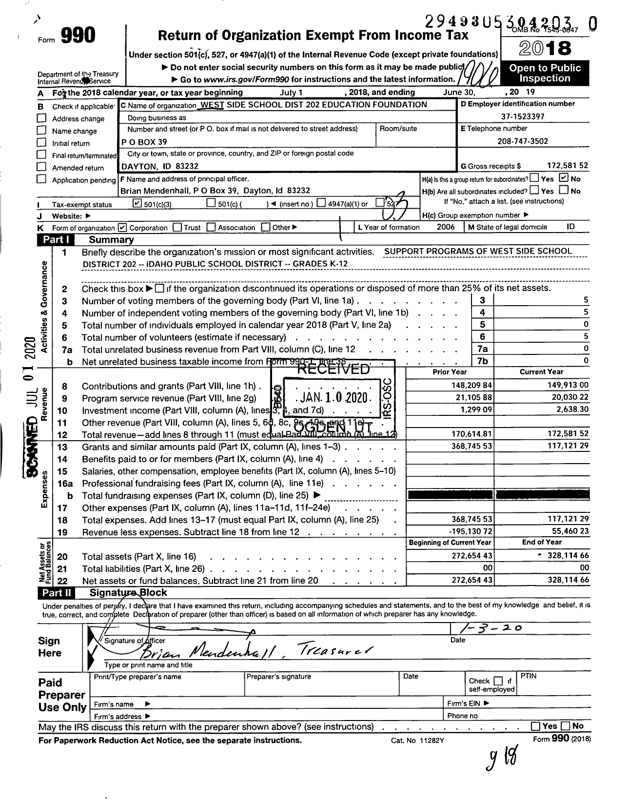 Image of first page of 2018 Form 990 for West Side School District 202 Education Foundation