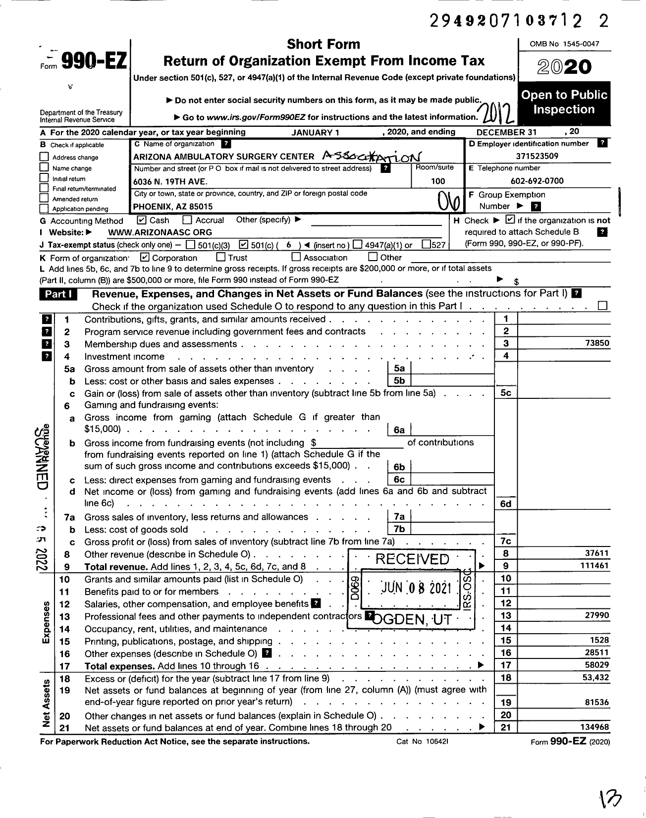 Image of first page of 2020 Form 990EO for Arizona Ambulatory Surgery Center Association