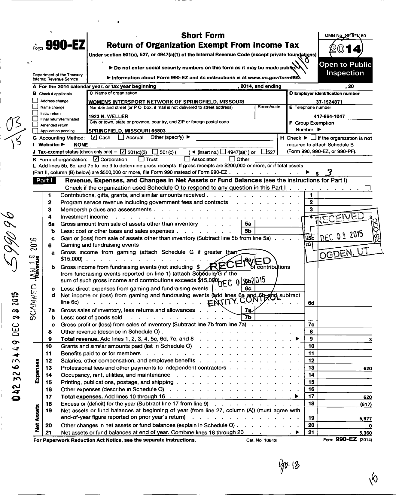 Image of first page of 2014 Form 990EZ for Womens Intersport Network of Springfield Missouri