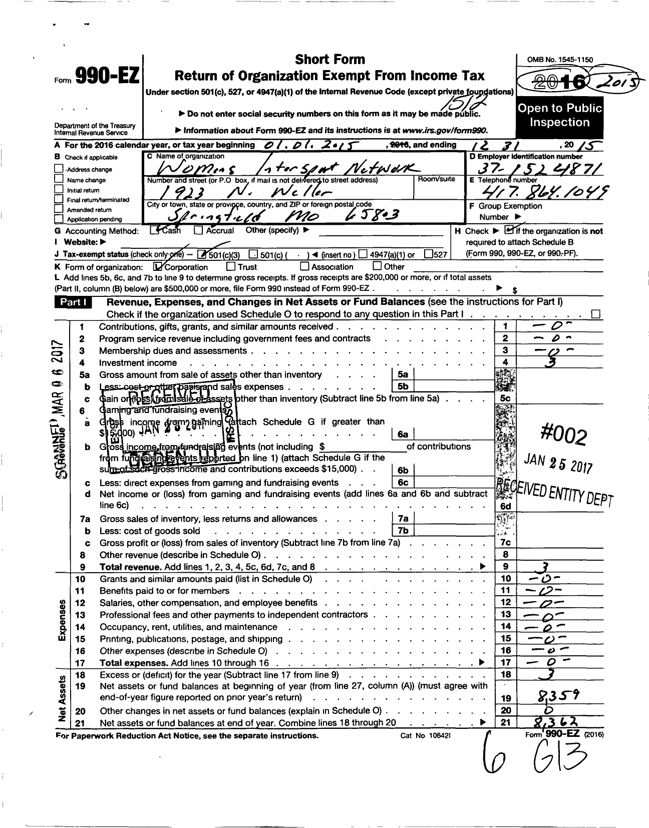 Image of first page of 2015 Form 990EZ for Womens Intersport Network of Springfield Missouri