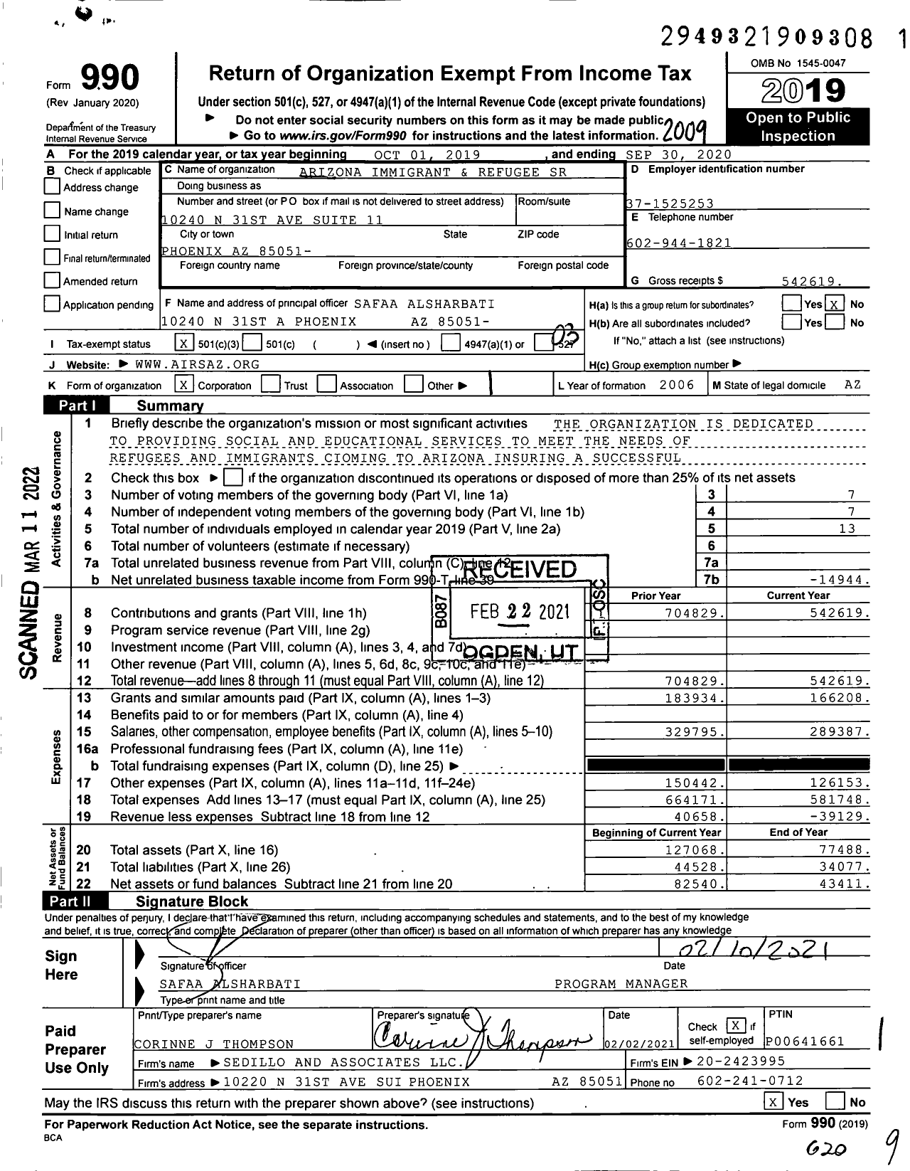 Image of first page of 2019 Form 990 for Refugee and Immigrant Relief Services