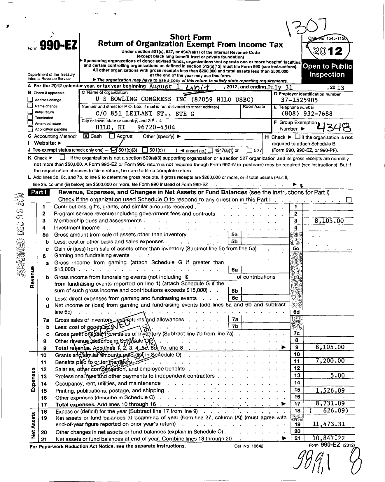 Image of first page of 2012 Form 990EZ for United States Bowling Congress - 82059 Hilo Usbc