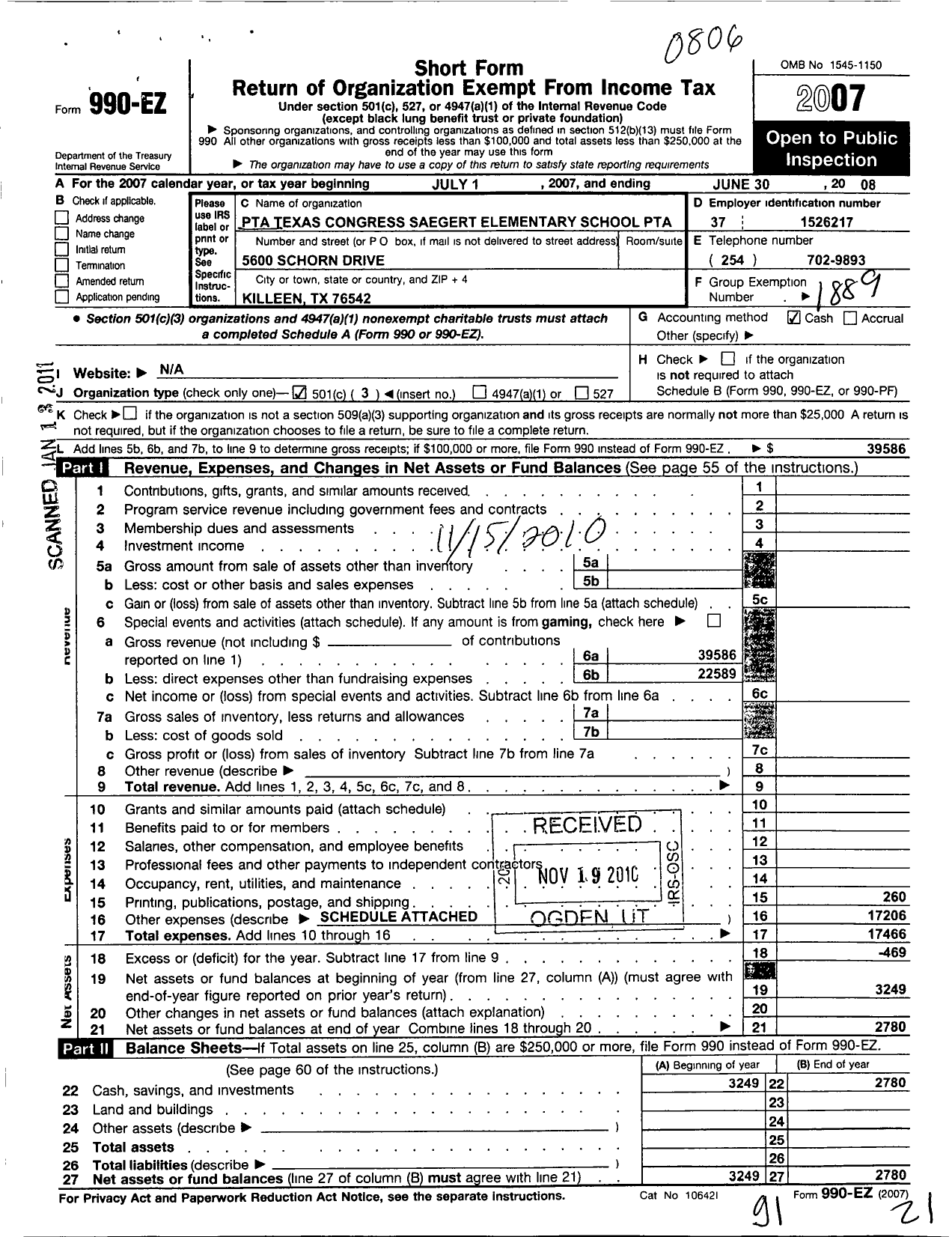 Image of first page of 2007 Form 990EZ for Texas PTA - Saegert Elementary School PTA