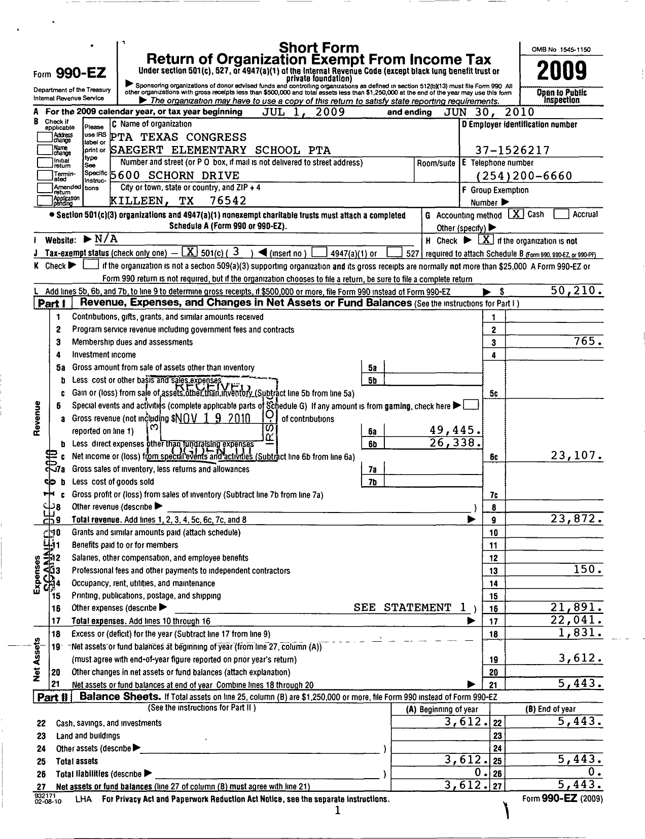 Image of first page of 2009 Form 990EZ for Texas PTA - Saegert Elementary School PTA