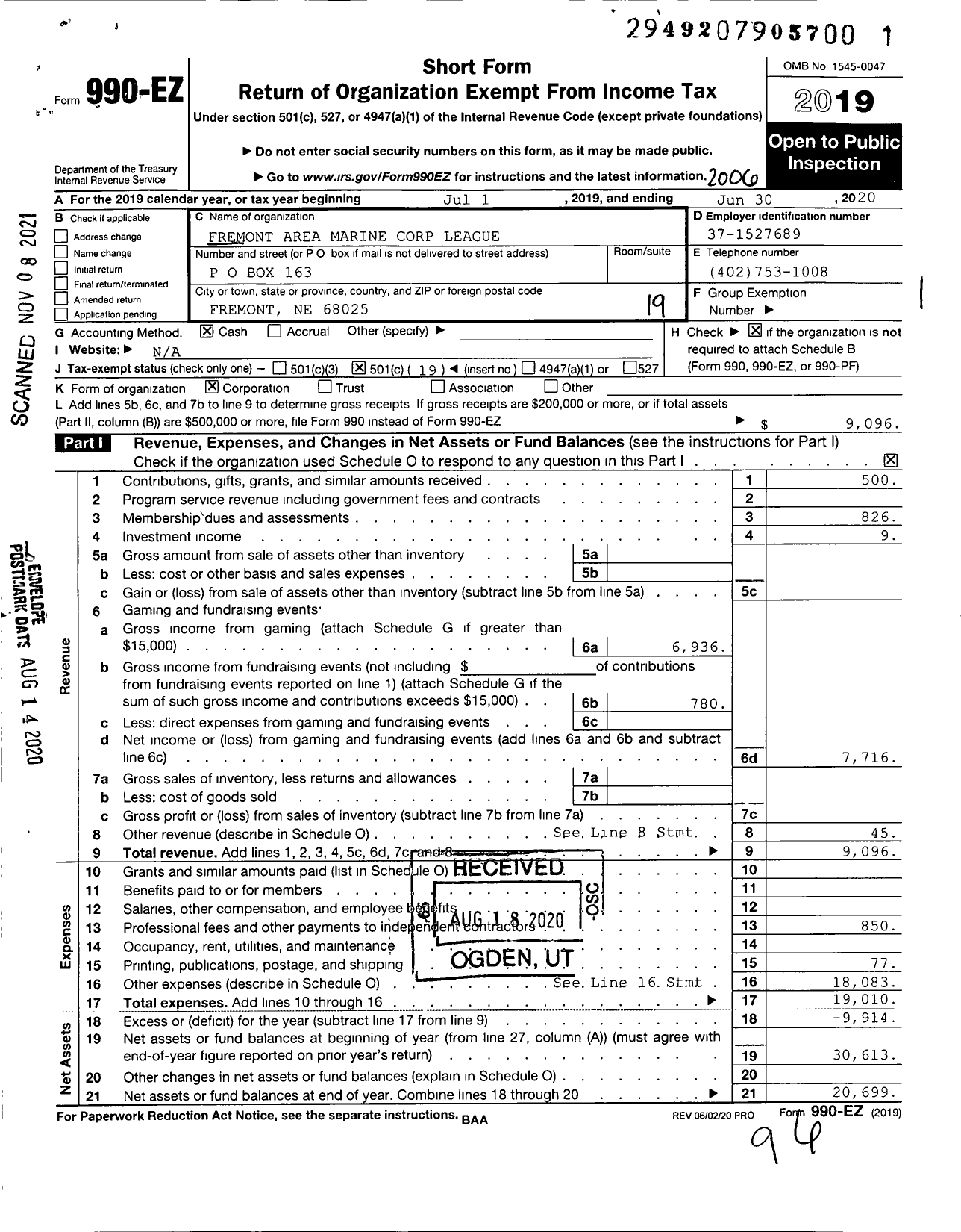 Image of first page of 2019 Form 990EO for Marine Corps League - 1275 Fremont Area Det MCL