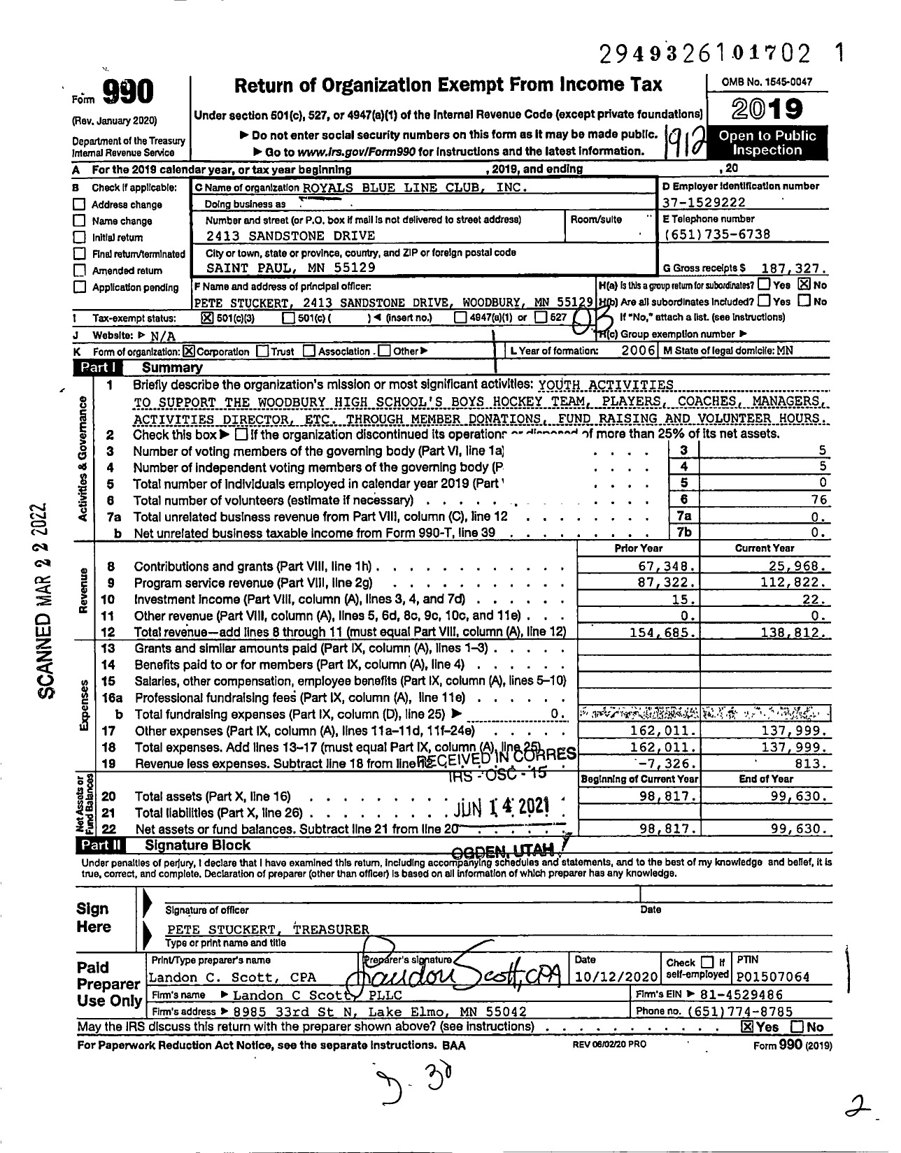 Image of first page of 2019 Form 990 for Royals Blue Line Club