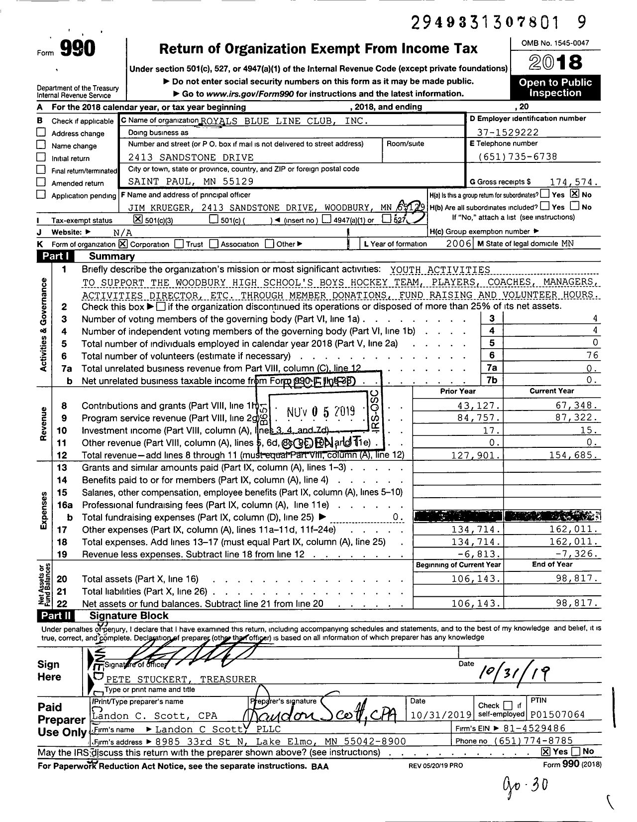 Image of first page of 2018 Form 990 for Royals Blue Line Club