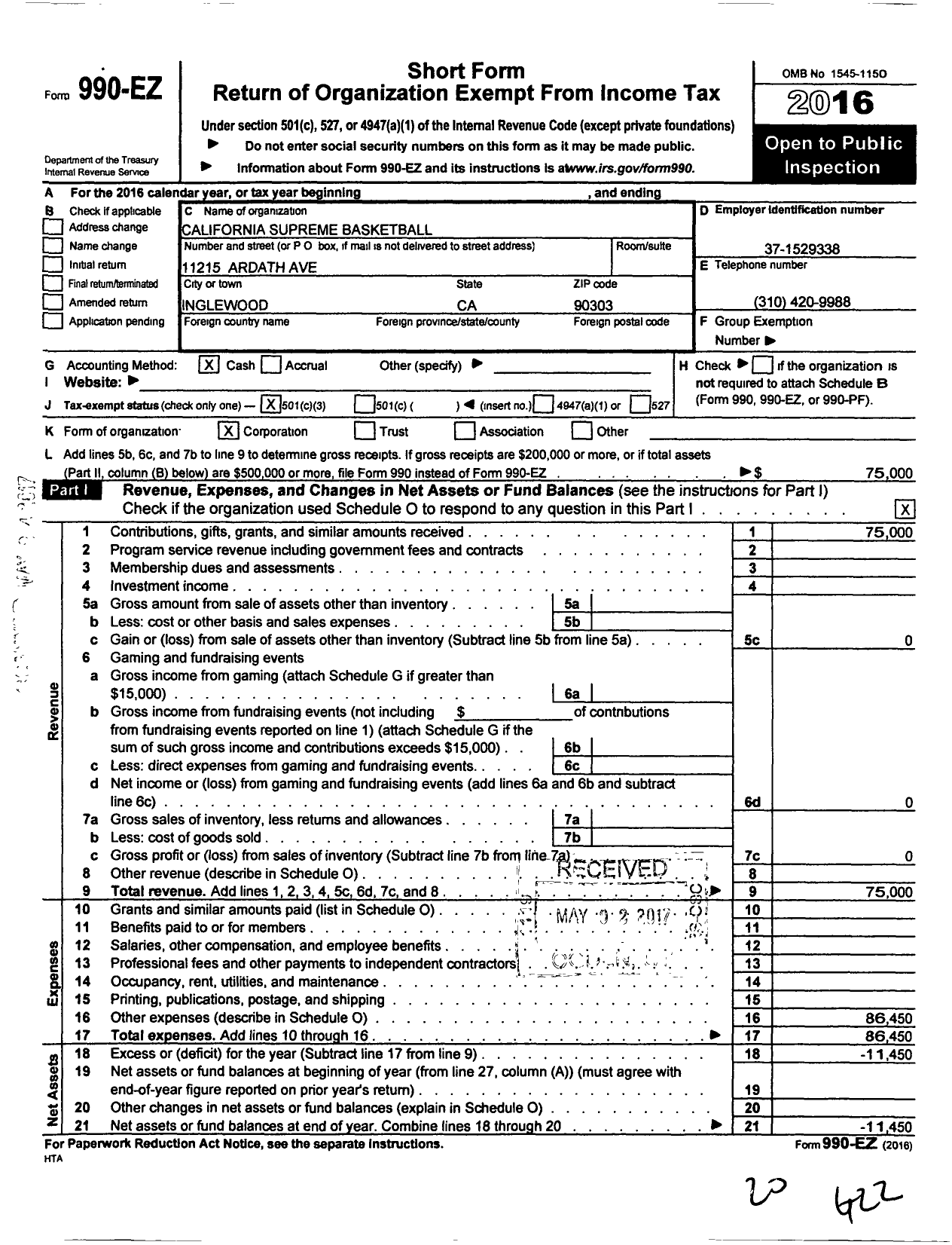 Image of first page of 2016 Form 990EZ for Amateur Athletic Union - California Supreme Basketball