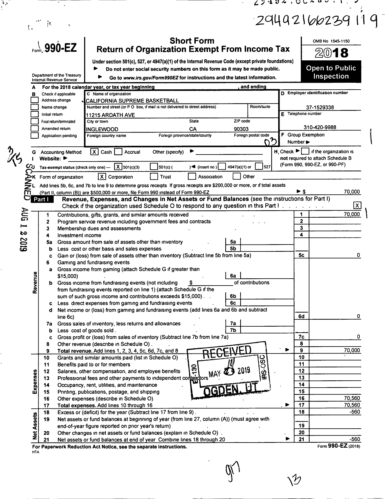 Image of first page of 2018 Form 990EZ for Amateur Athletic Union - California Supreme Basketball