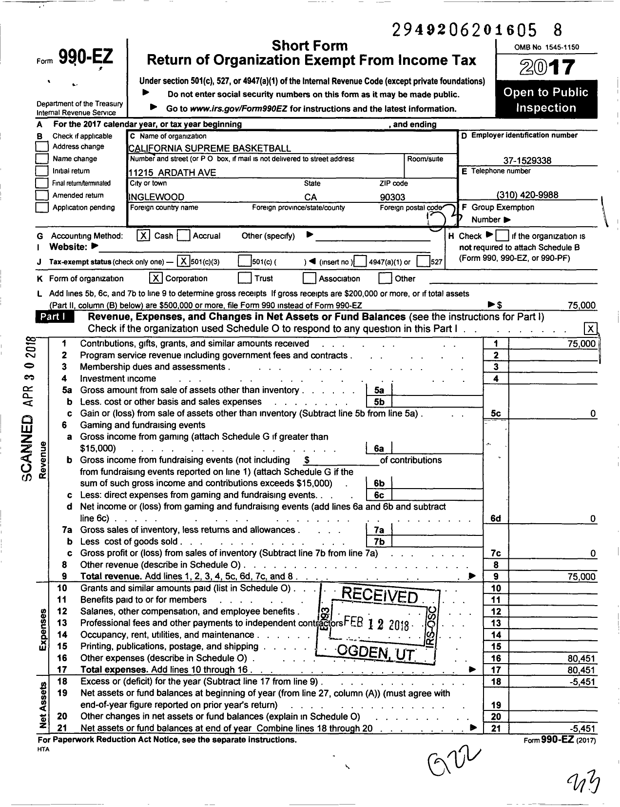 Image of first page of 2017 Form 990EZ for Amateur Athletic Union - California Supreme Basketball