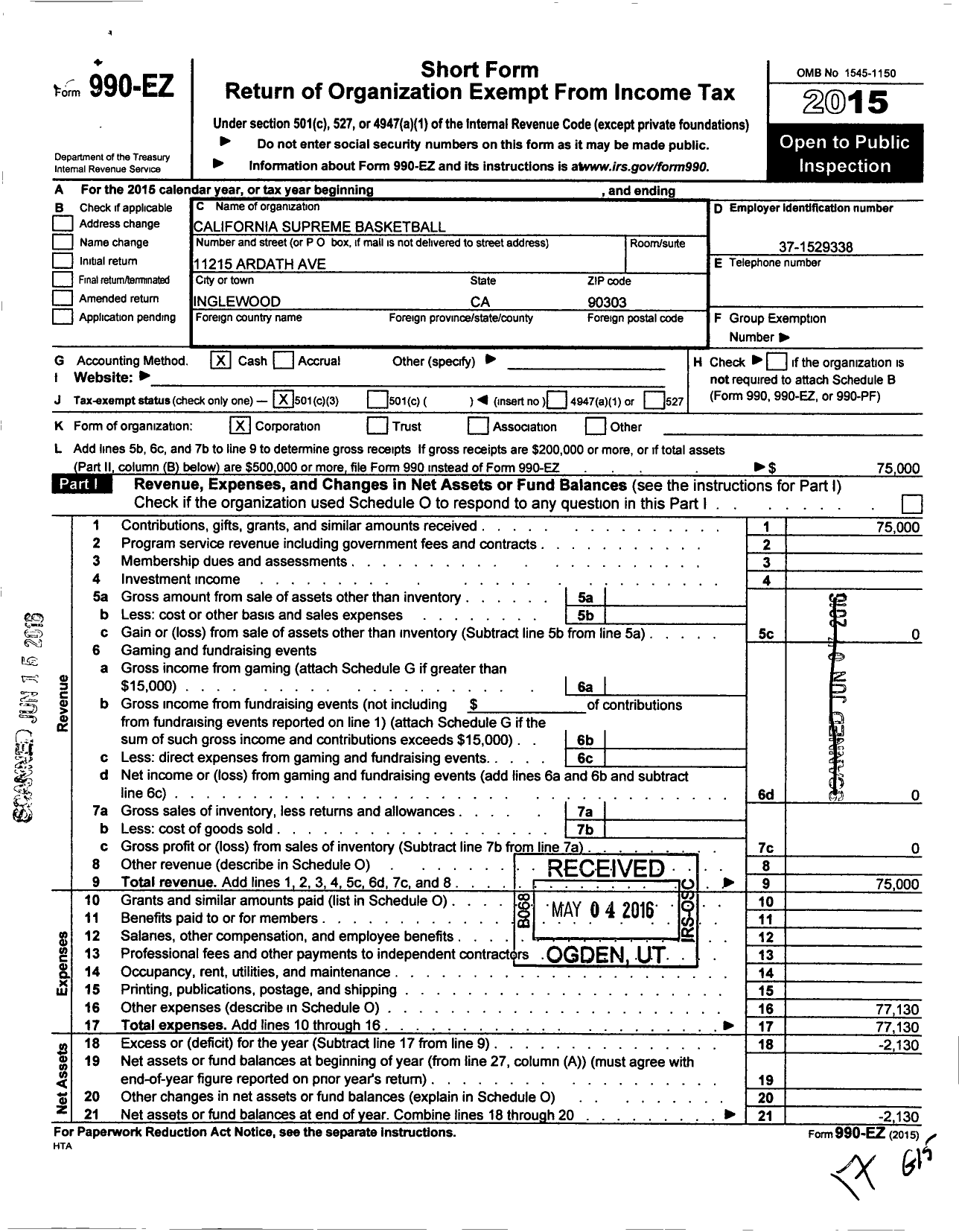 Image of first page of 2015 Form 990EZ for Amateur Athletic Union - California Supreme Basketball