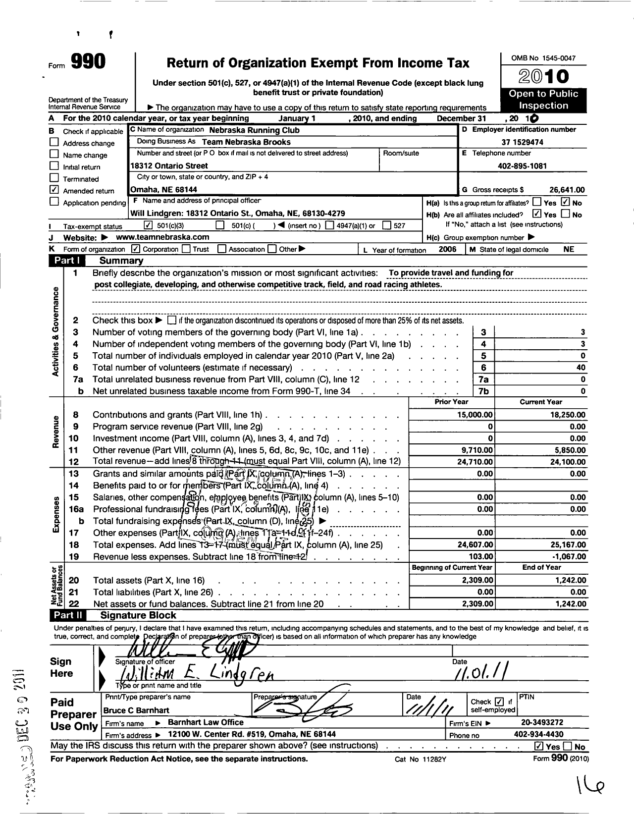 Image of first page of 2010 Form 990 for Nebraska Running Club