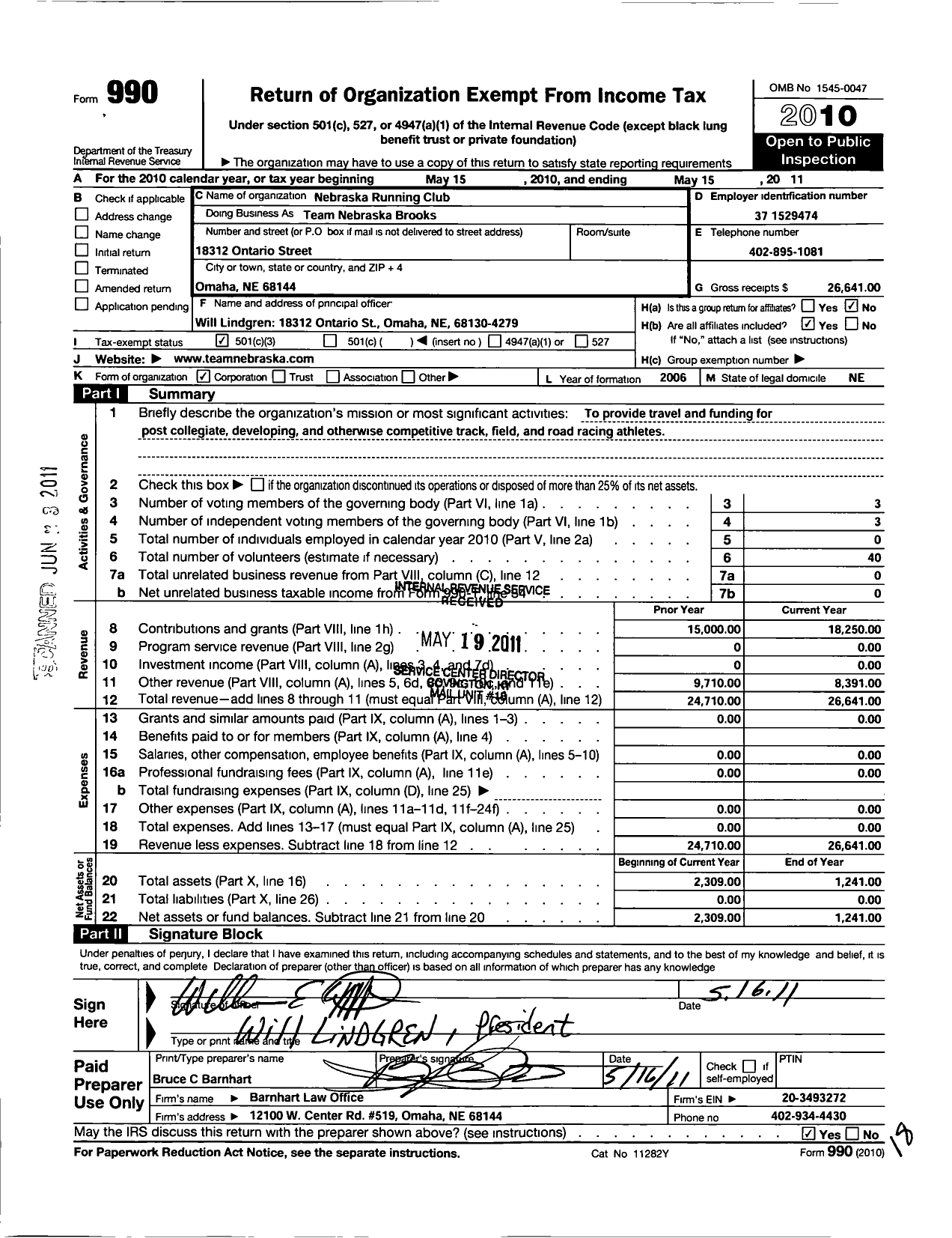 Image of first page of 2010 Form 990 for Nebraska Running Club