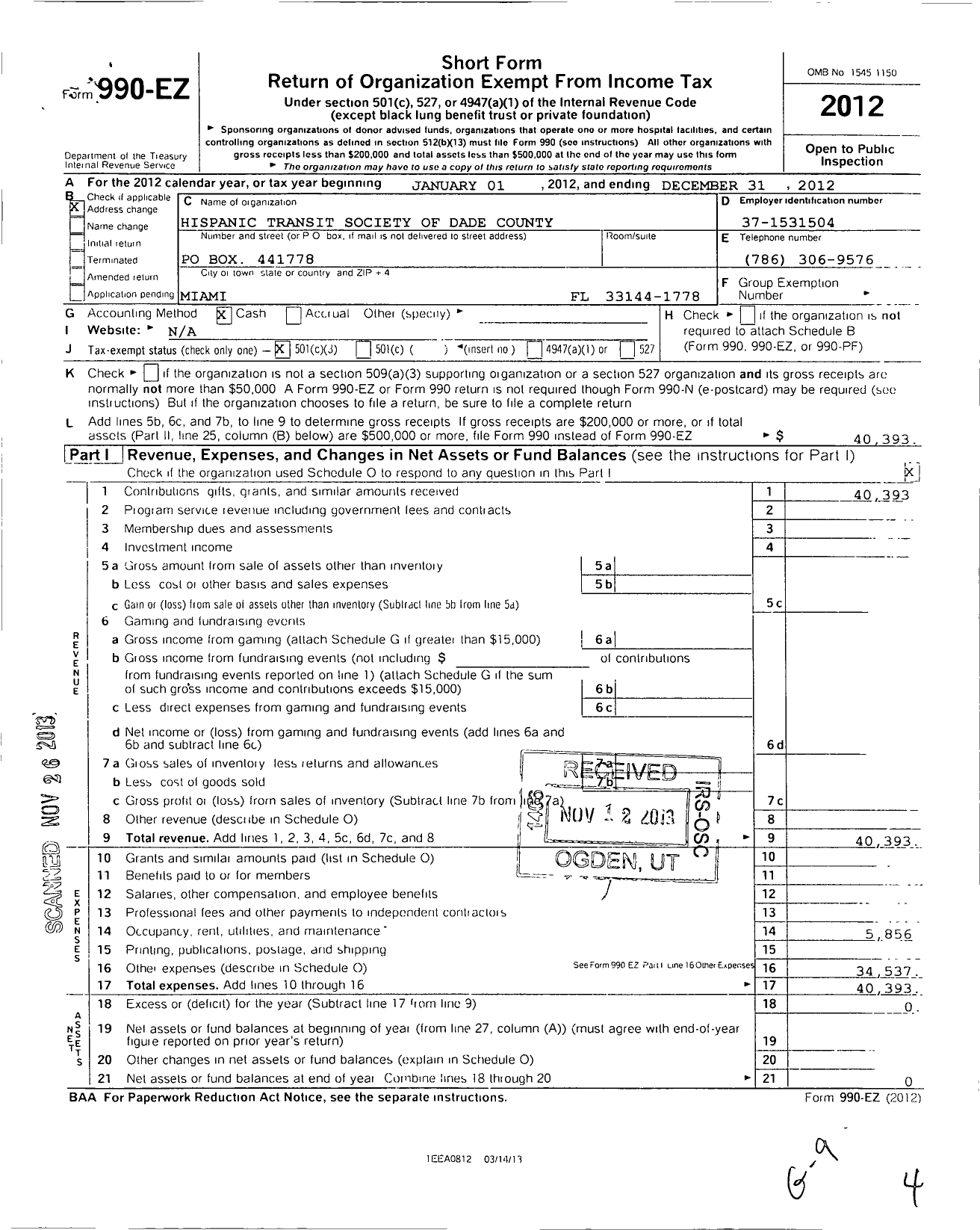 Image of first page of 2012 Form 990EZ for Hispanic Transit Society of Dade County
