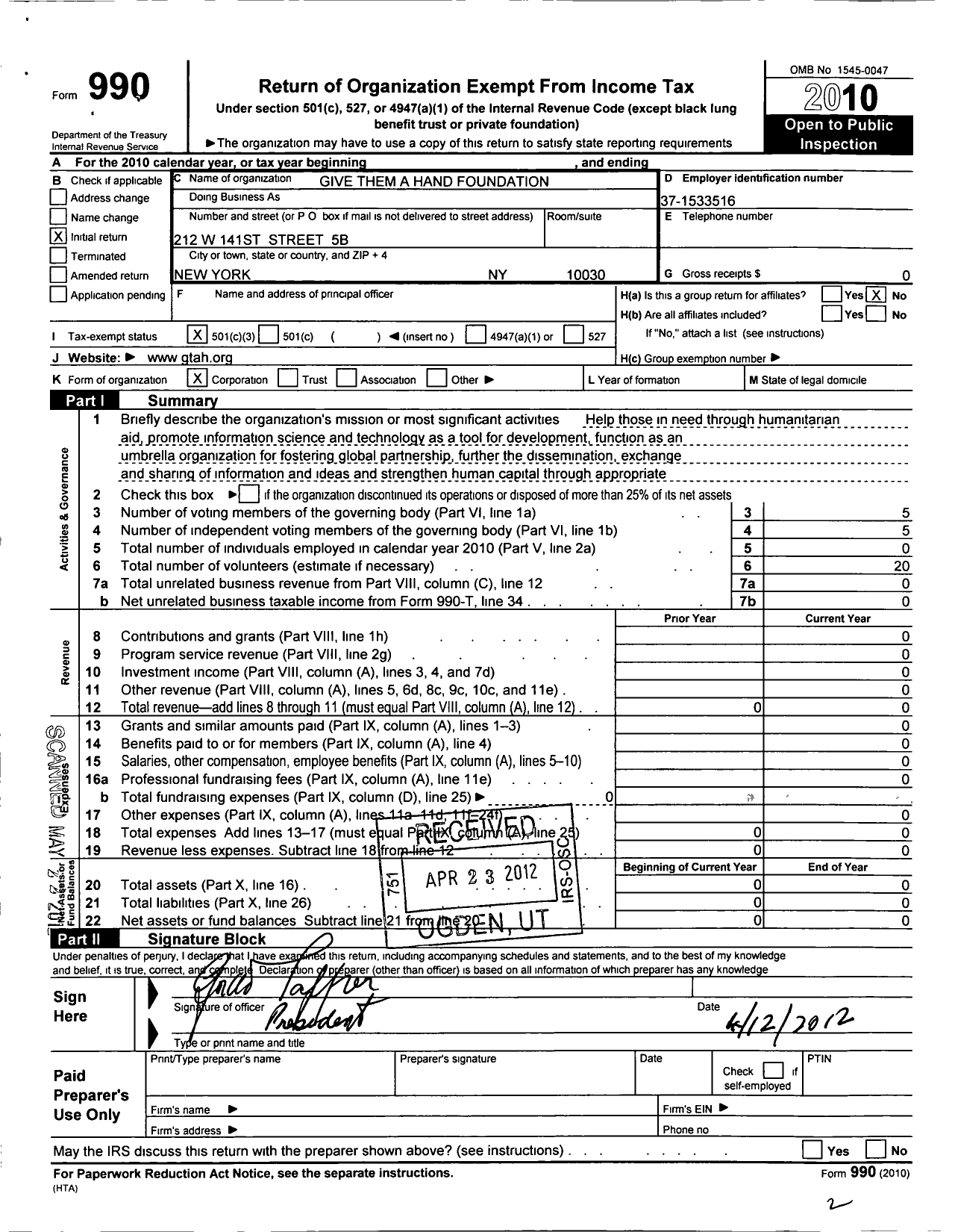 Image of first page of 2010 Form 990 for Give Them A Hand Foundation