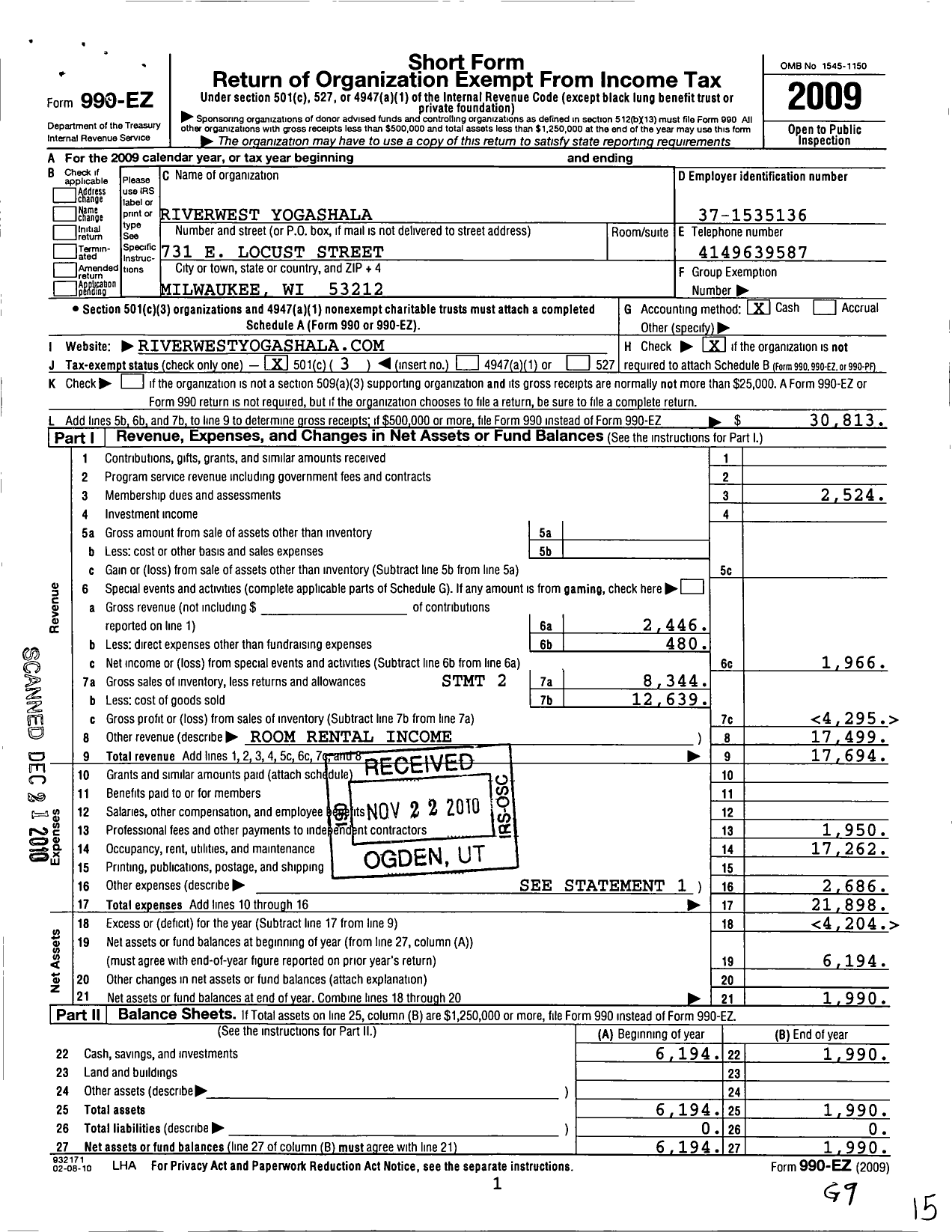 Image of first page of 2009 Form 990EZ for Riverwest Yogashala