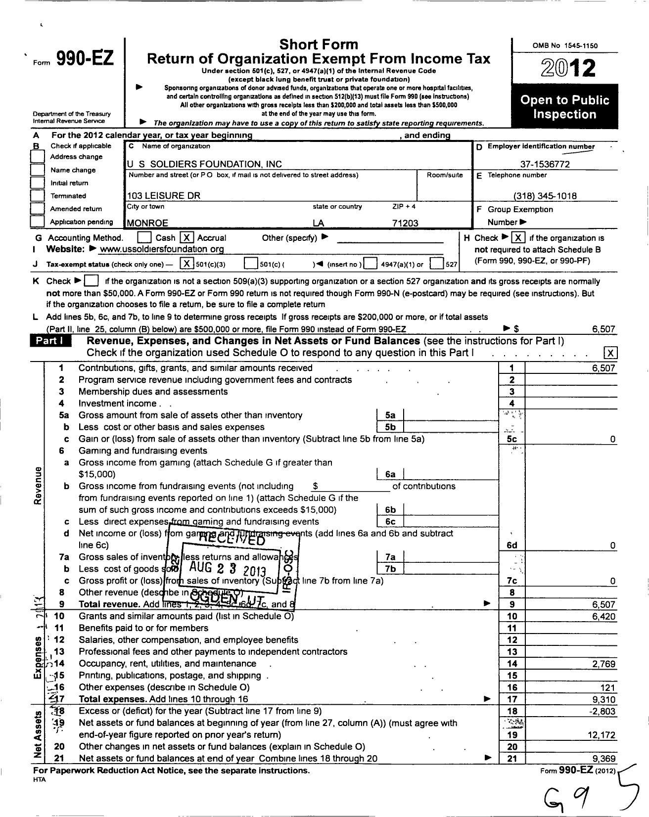 Image of first page of 2012 Form 990EZ for U S Soldiers Foundation