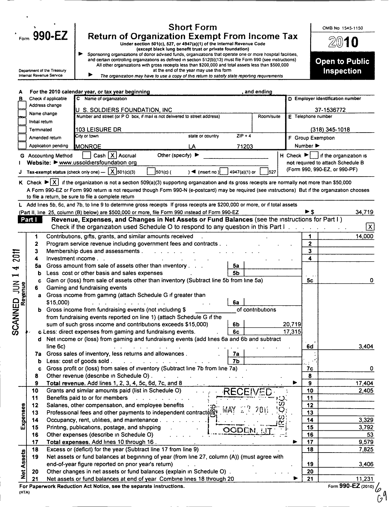 Image of first page of 2010 Form 990EZ for U S Soldiers Foundation