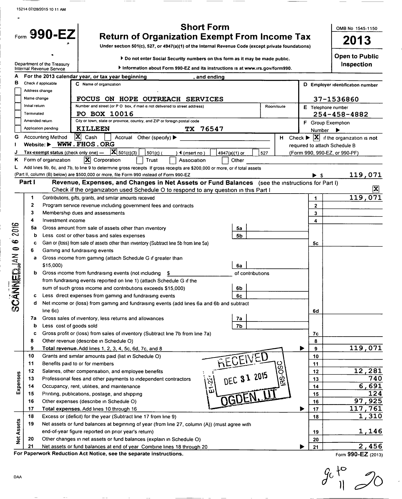 Image of first page of 2013 Form 990EZ for Focus on Hope Outreach Services