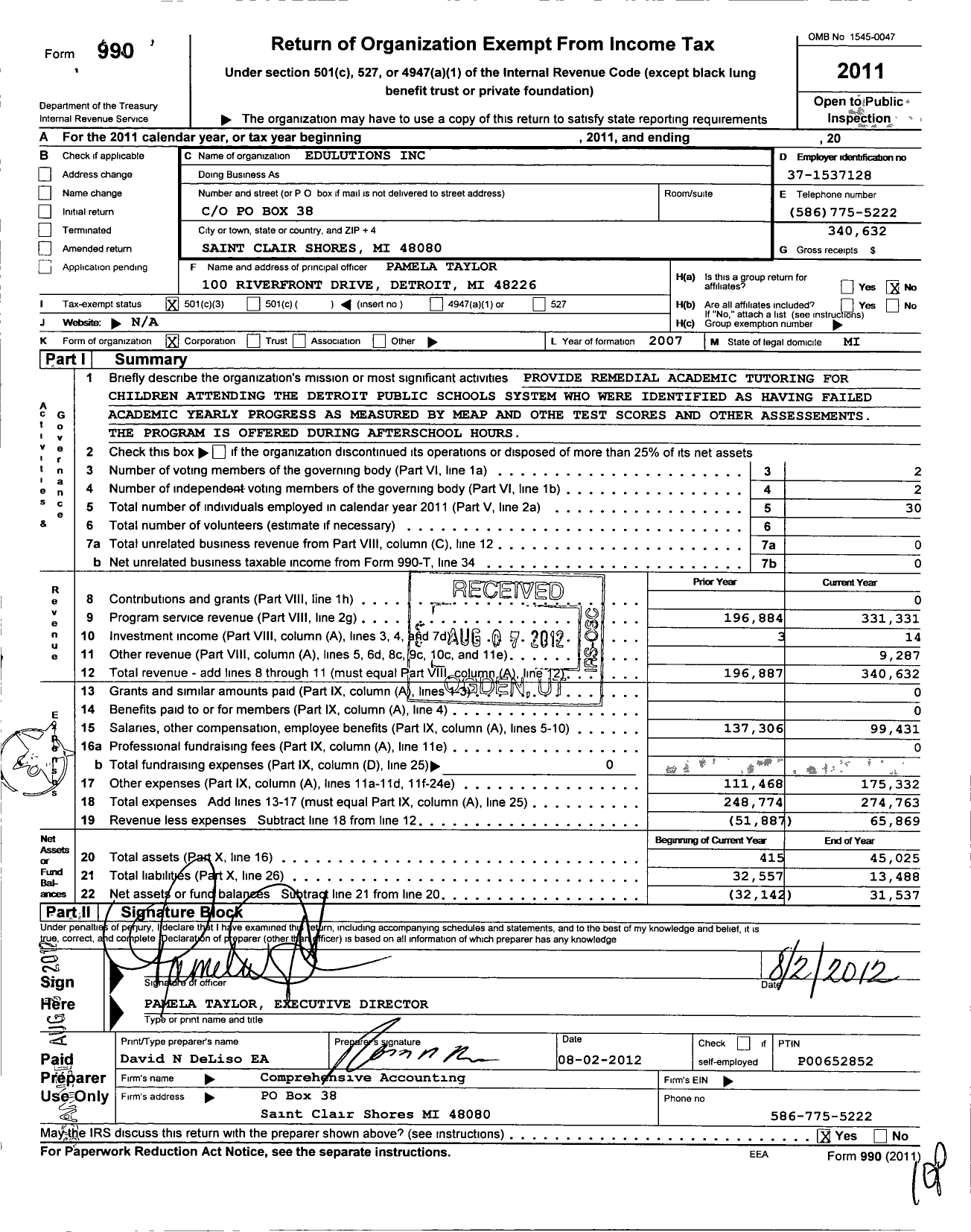 Image of first page of 2011 Form 990 for Edulutions