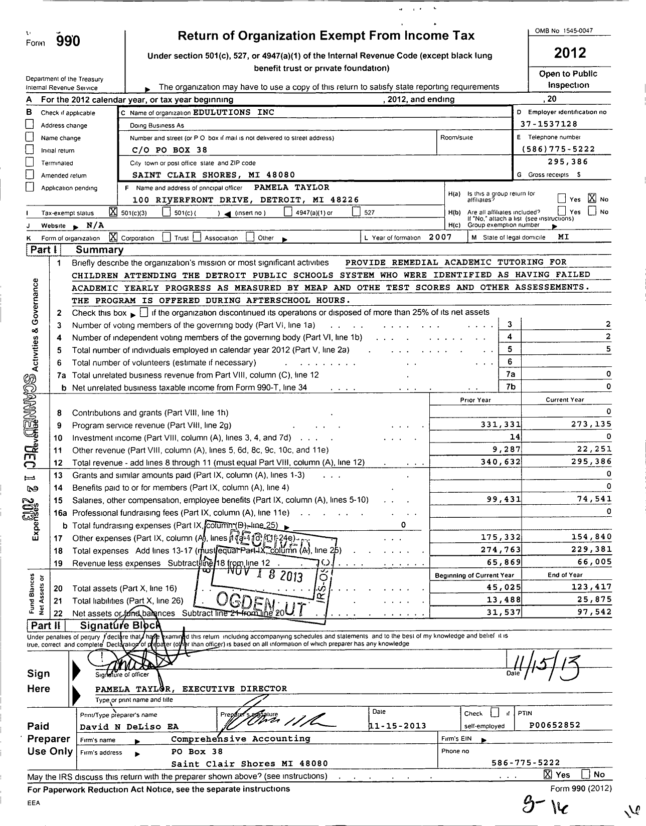 Image of first page of 2012 Form 990 for Edulutions