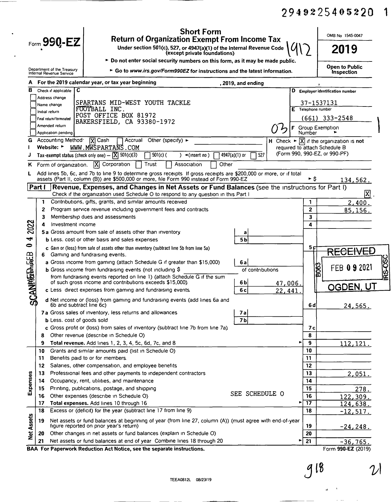 Image of first page of 2019 Form 990EZ for Spartans Mid-West Youth Tackle Football