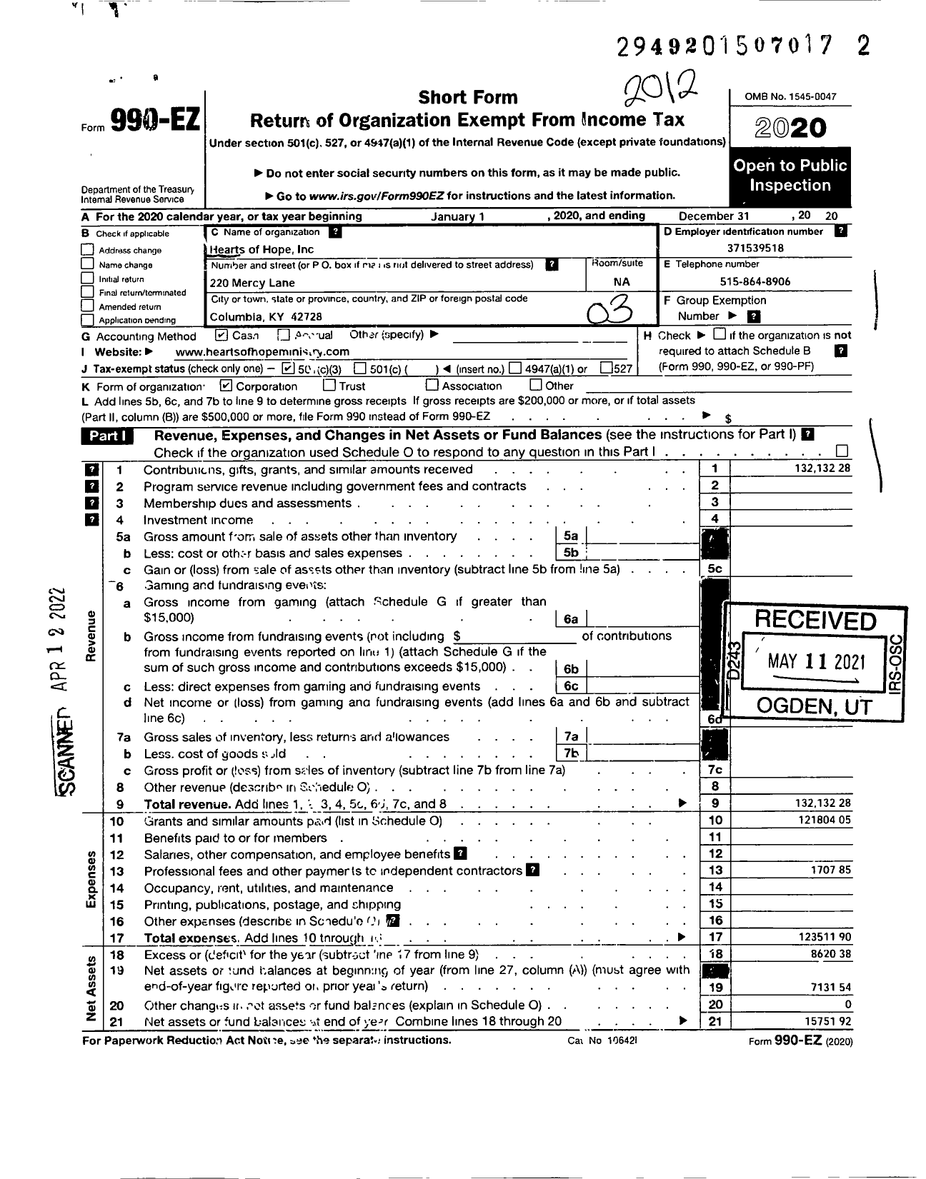 Image of first page of 2020 Form 990EZ for Hearts of Hope